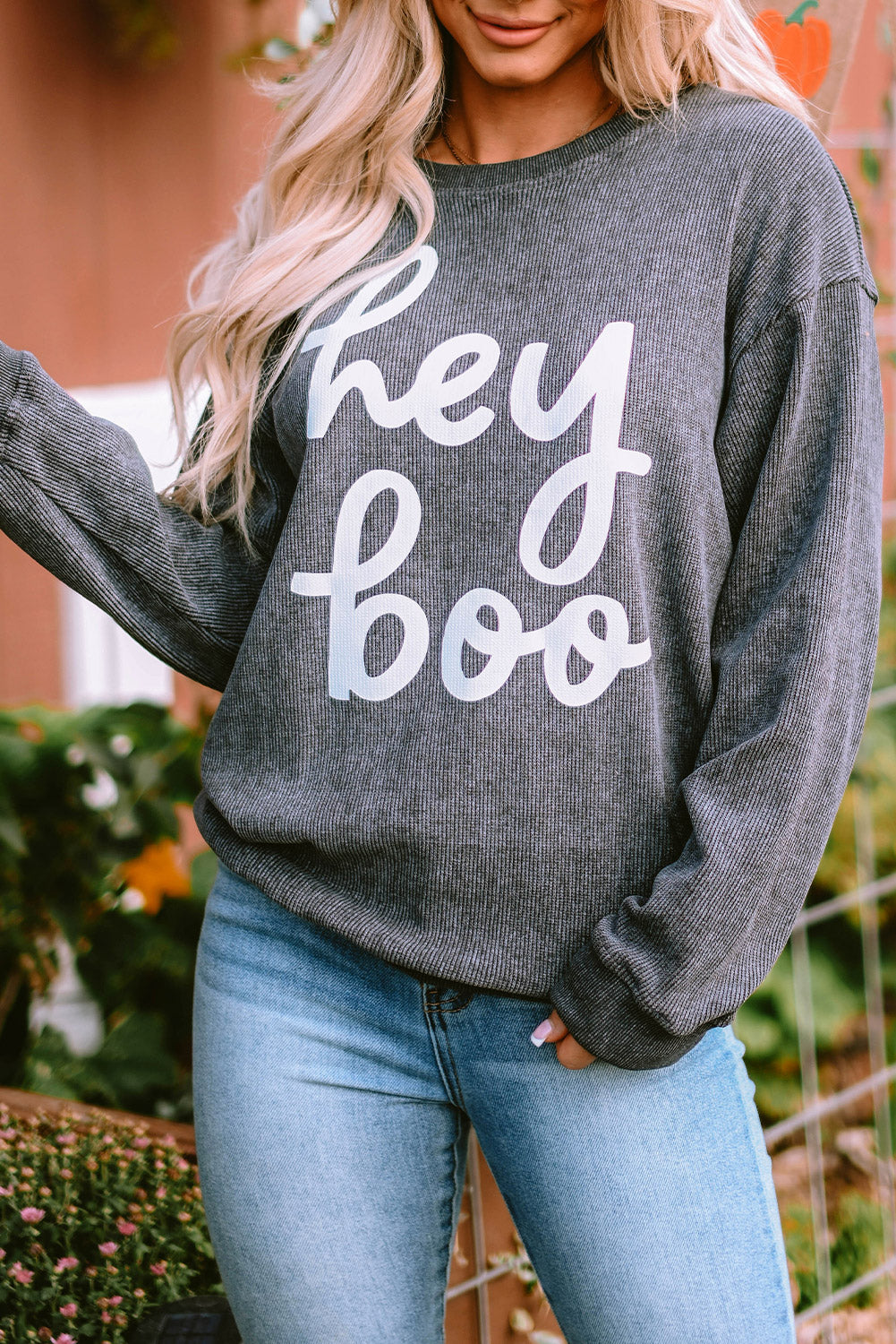 Corduroy Gray "Hey Boo" Graphic Halloween Sweatshirt