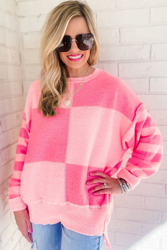 Checkered Pink Two-toned Striped Loose Sweater