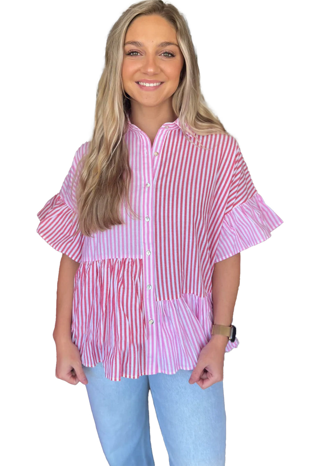 Ruffled Pink Stripe Button Shirt - Klazzi Fashion Boutique