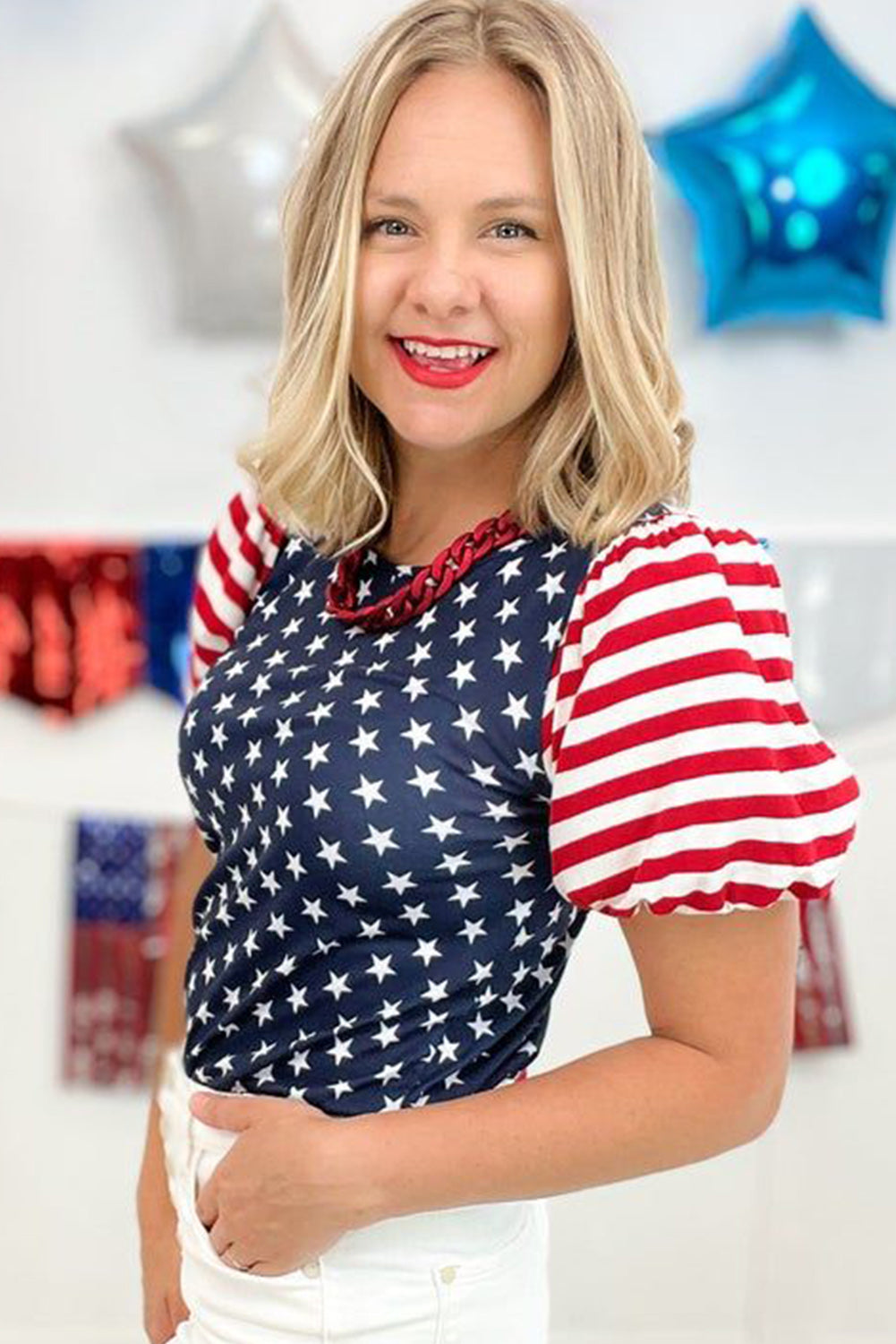 Navy 4th Of July Stars Stripes Blouse