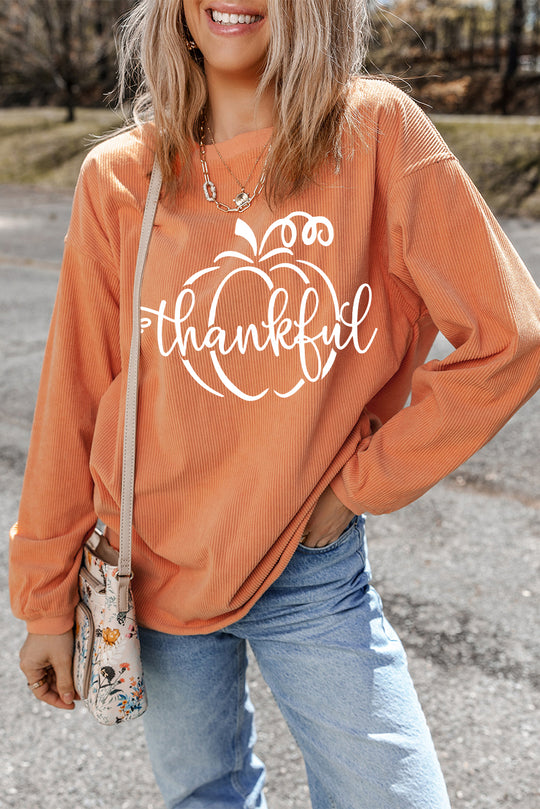 Orange Pumpkin "Thankful" Corduroy Graphic Sweatshirt