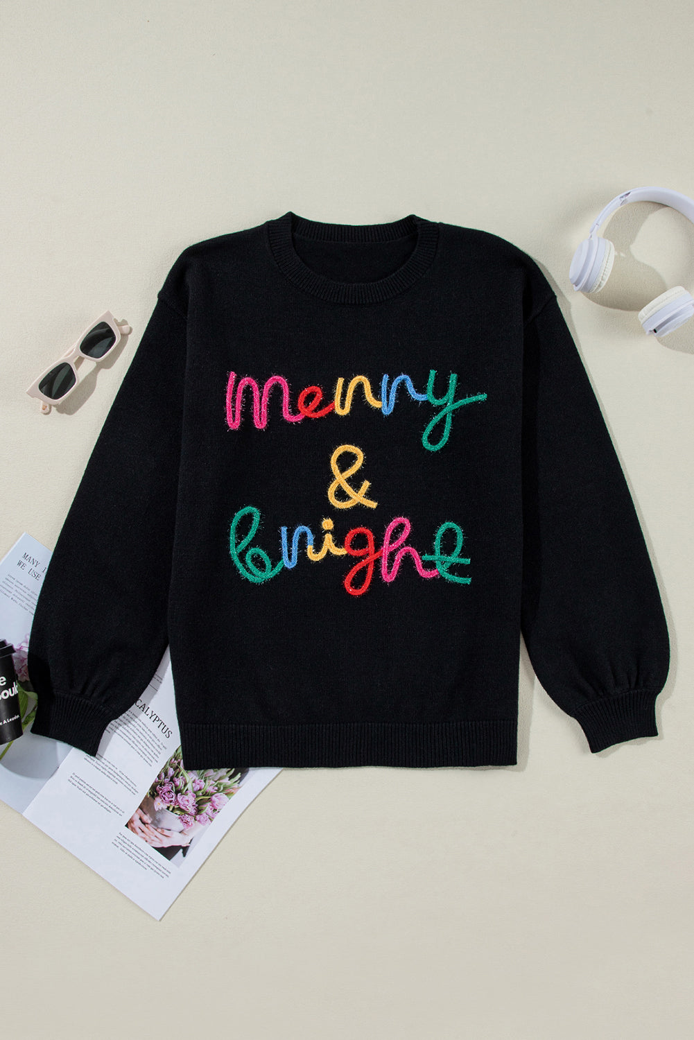  Colorful "Merry & Bright" Tinsel Christmas Graphic Sweater