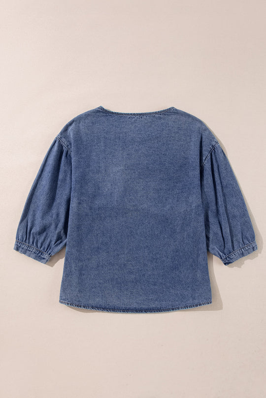 Dani Ruffled Denim Patched Blouse