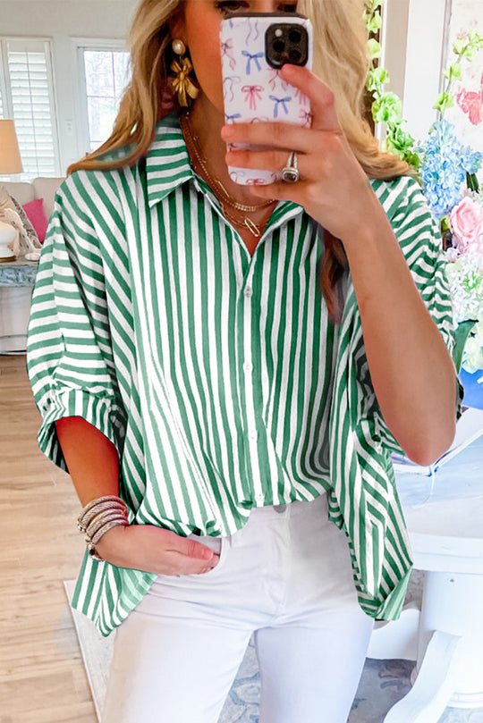 Green Stripe Dolman Sleeve Oversize Shirt