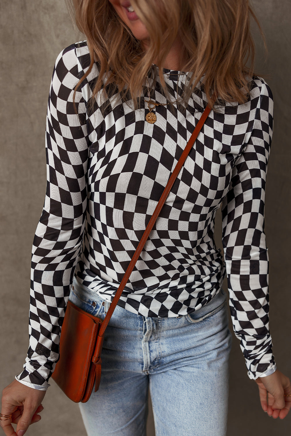 Checkered Sheer Long Sleeve Mesh Top