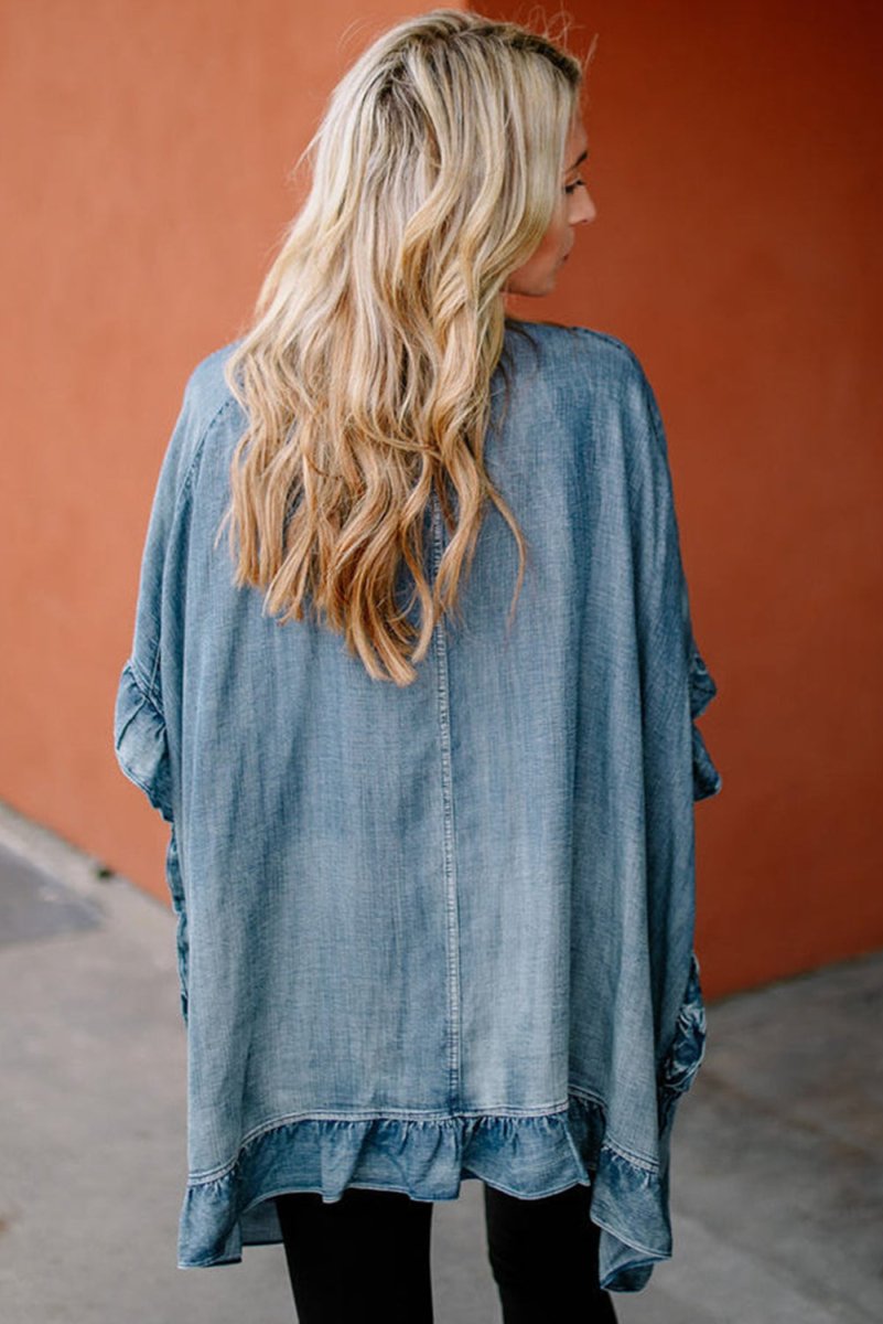 Chambray Ruffle Open Loose Kimono - Klazzi Fashion Boutique