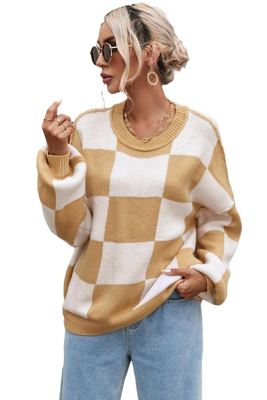 Checkered Bishop Sleeve Sweater - Klazzi Fashion Boutique