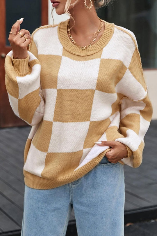 Checkered Bishop Sleeve Sweater - Klazzi Fashion Boutique