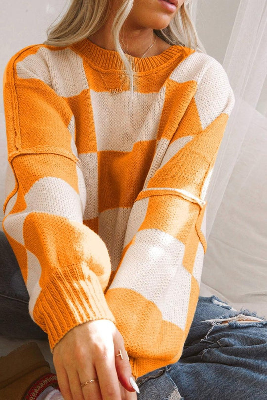 Checkered Bishop Sleeve Sweater - Klazzi Fashion Boutique