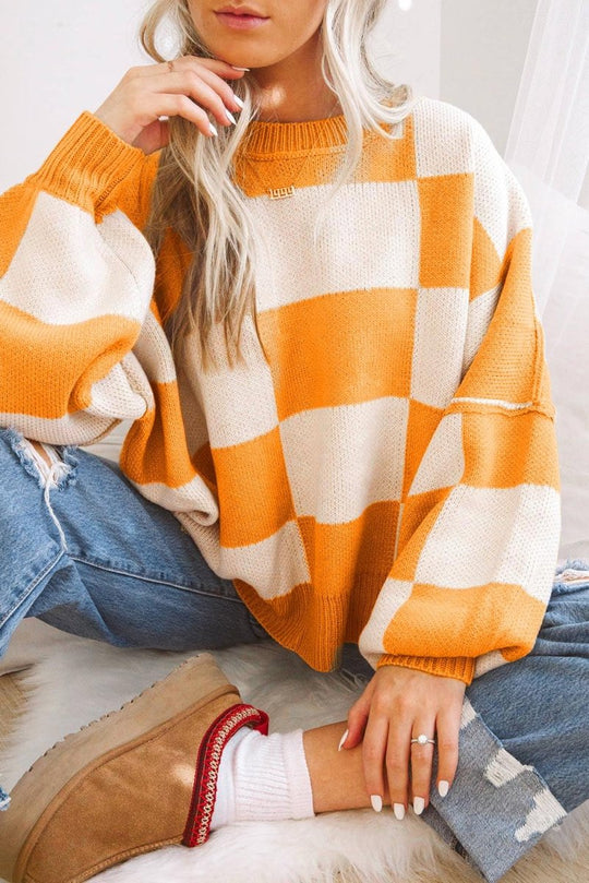 Checkered Bishop Sleeve Sweater - Klazzi Fashion Boutique