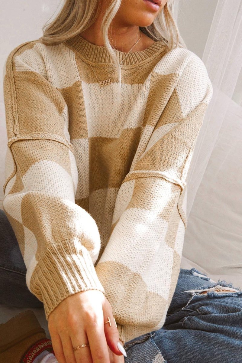 Checkered Bishop Sleeve Sweater - Klazzi Fashion Boutique