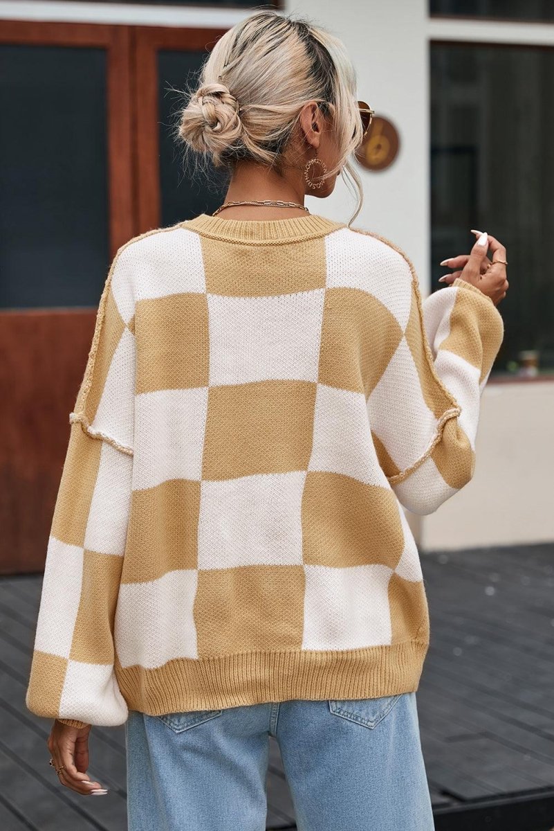 Checkered Bishop Sleeve Sweater - Klazzi Fashion Boutique