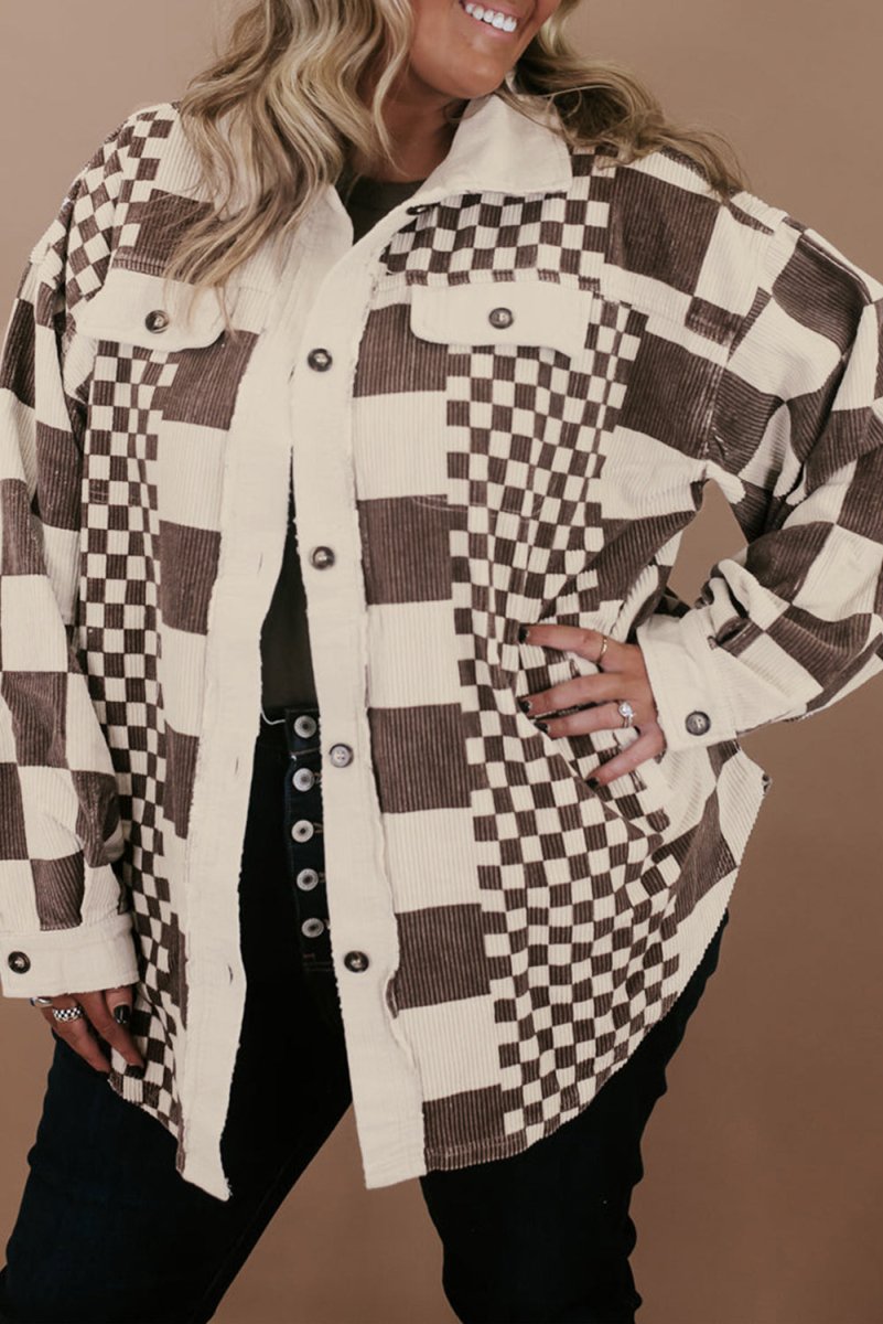 Checkered Brown Corduroy Plus Size Shacket - Klazzi Fashion Boutique