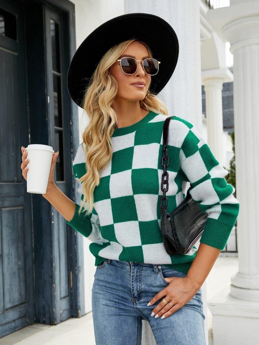 Checkered Green Sweater - Klazzi Fashion Boutique