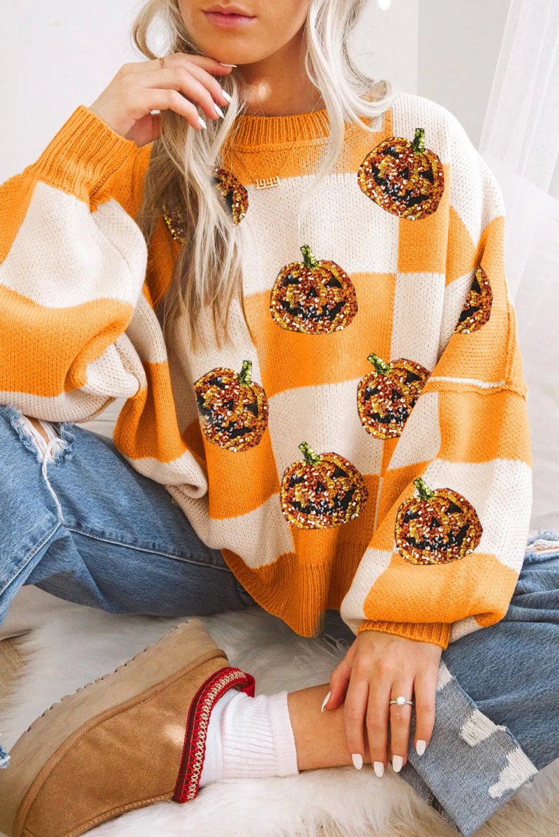 Checkered Orange Plaid Sequined Halloween Pumpkins Sweater - Klazzi Fashion Boutique