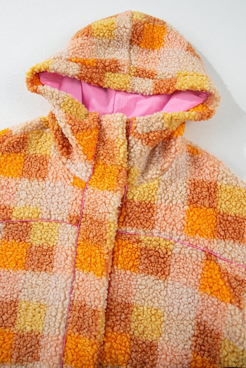 Checkered Orange Sherpa Hooded Jacket - Klazzi Fashion Boutique