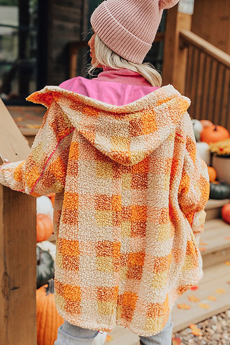 Checkered Orange Sherpa Hooded Jacket - Klazzi Fashion Boutique