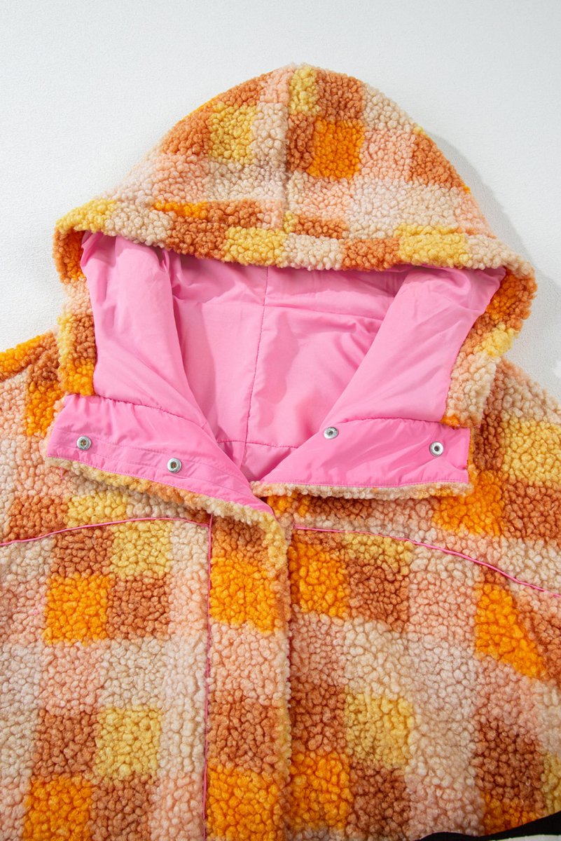 Checkered Orange Sherpa Hooded Jacket - Klazzi Fashion Boutique