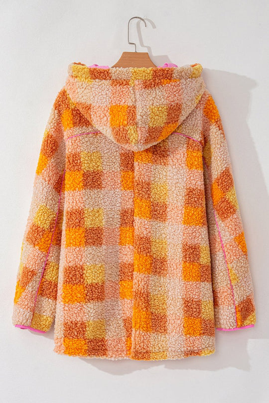 Checkered Orange Sherpa Hooded Jacket - Klazzi Fashion Boutique