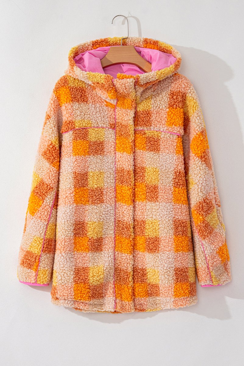 Checkered Orange Sherpa Hooded Jacket - Klazzi Fashion Boutique