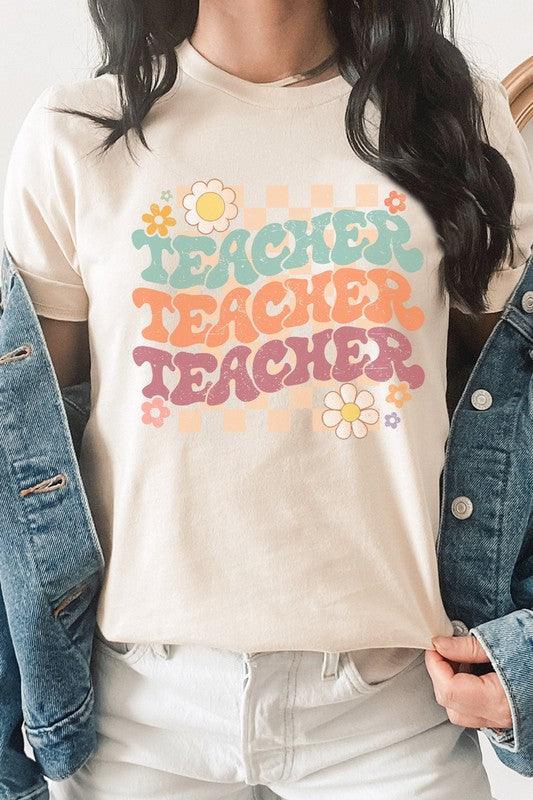 Checkered Pastel "Teacher" Graphic Tee - Klazzi Fashion Boutique