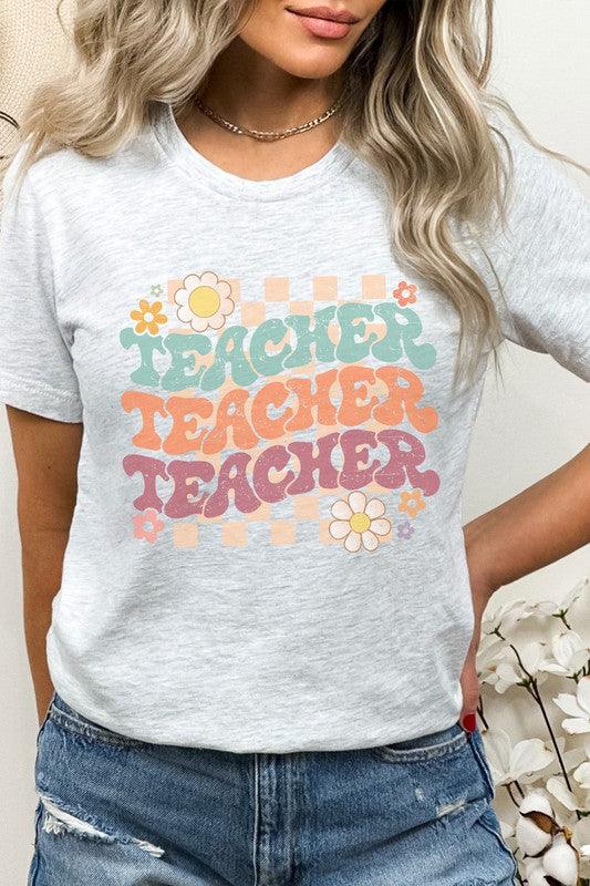 Checkered Pastel "Teacher" Graphic Tee - Klazzi Fashion Boutique