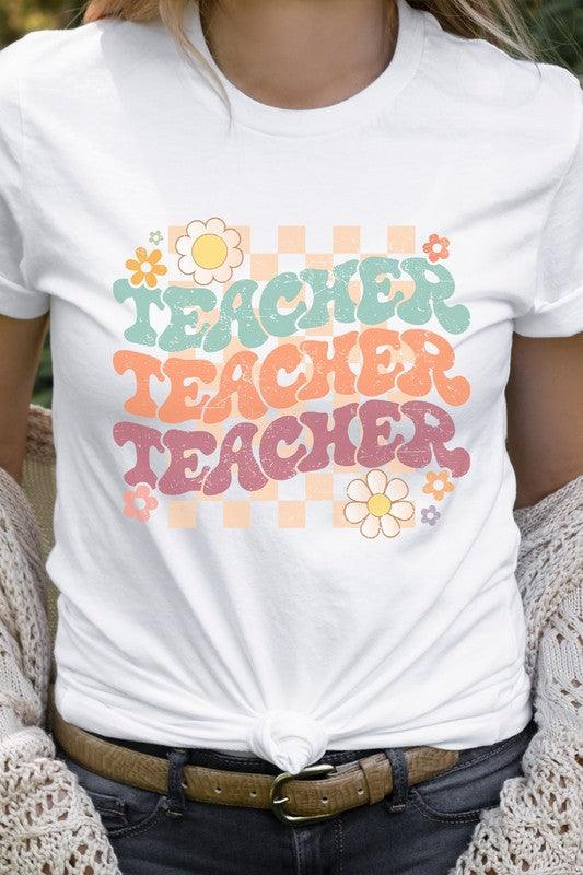 Checkered Pastel "Teacher" Graphic Tee - Klazzi Fashion Boutique