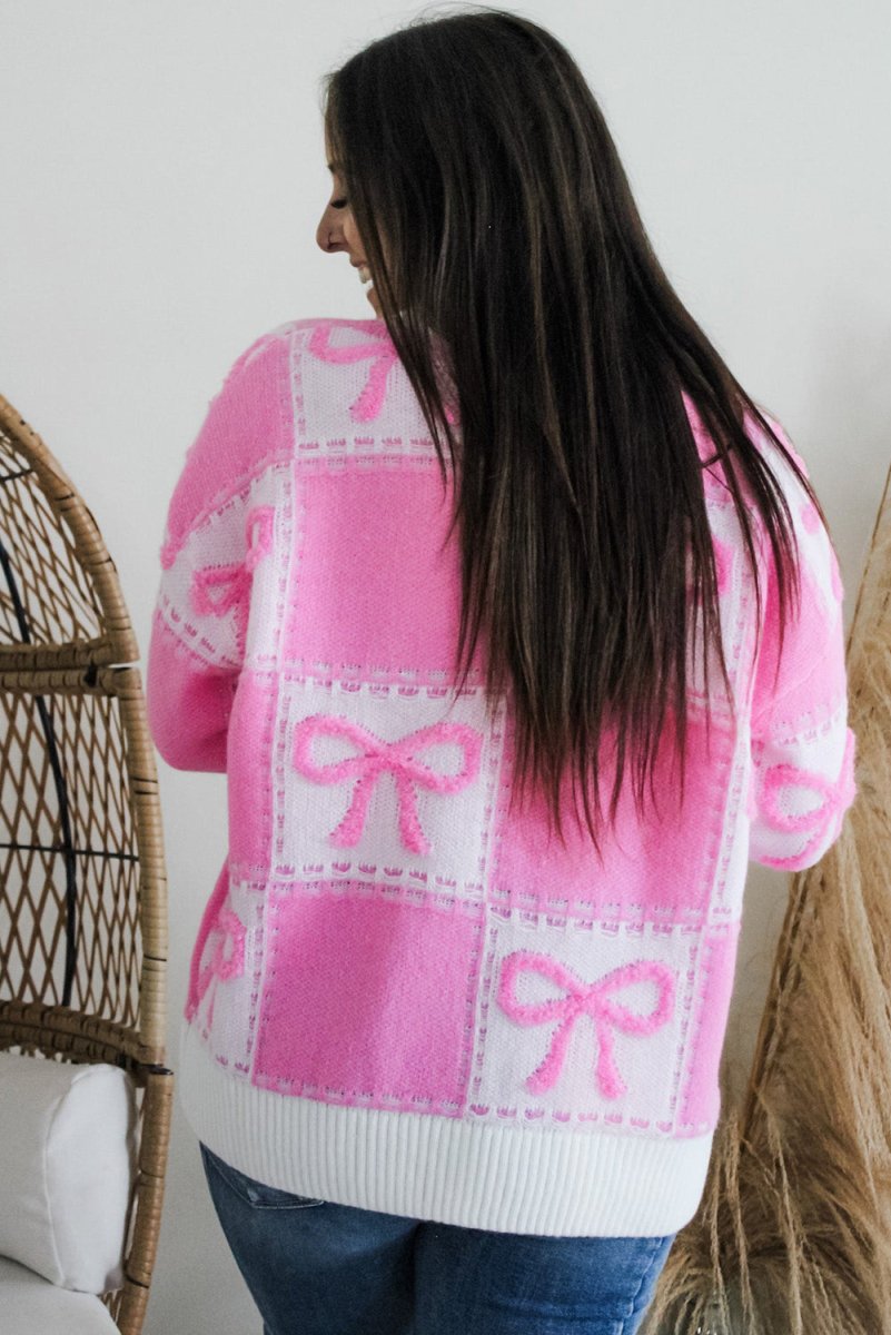 Checkered Pink Bow Knots Sweater - Klazzi Fashion Boutique