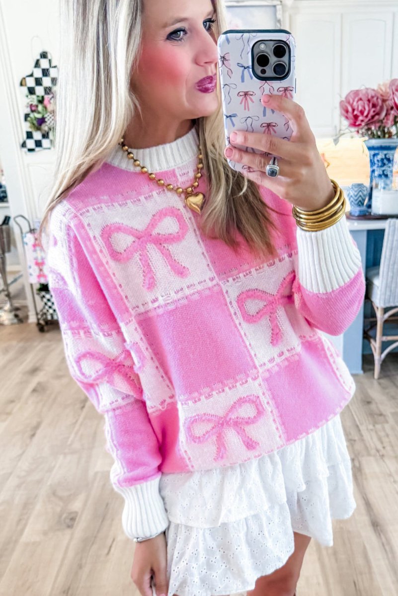 Checkered Pink Bow Knots Sweater - Klazzi Fashion Boutique