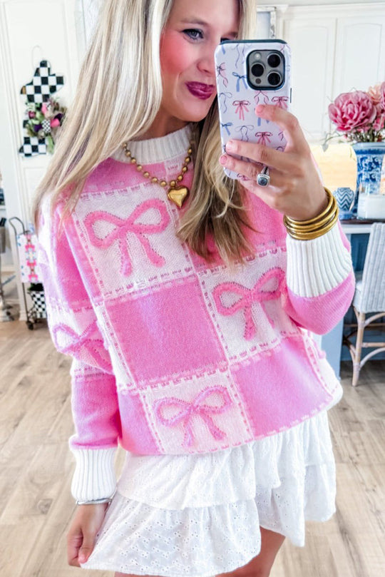 Checkered Pink Bow Knots Sweater - Klazzi Fashion Boutique