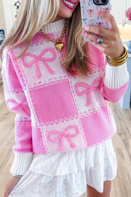 Checkered Pink Bow Knots Sweater - Klazzi Fashion Boutique