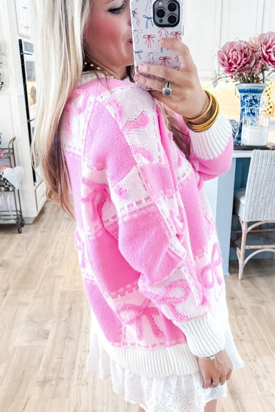 Checkered Pink Bow Knots Sweater - Klazzi Fashion Boutique