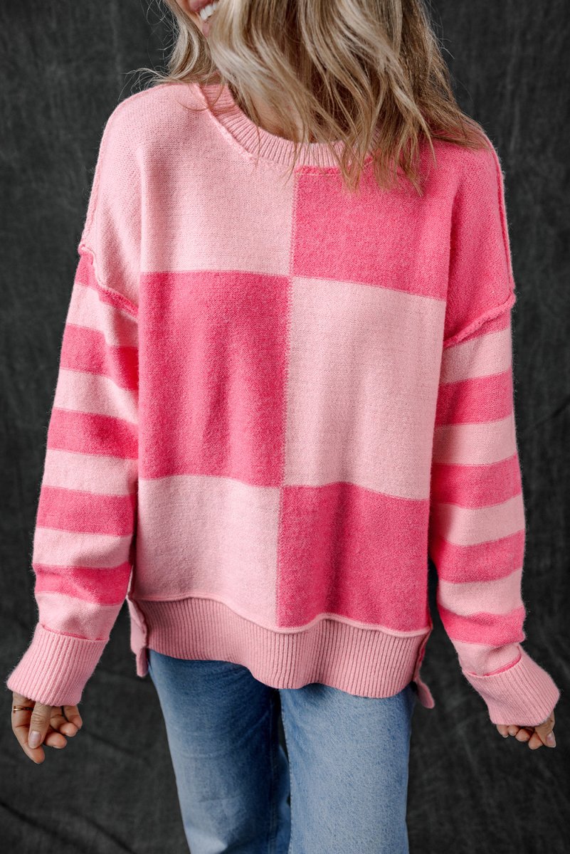 Checkered Pink Two - toned Striped Loose Sweater - Klazzi Fashion Boutique