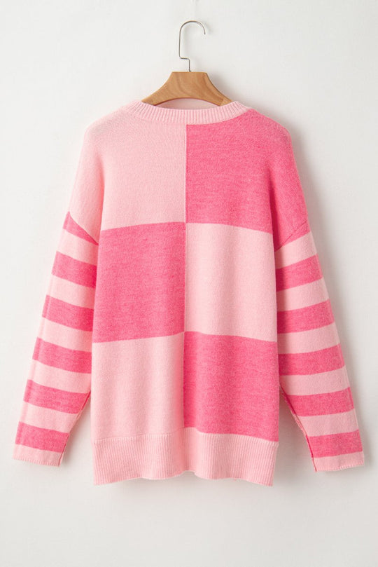 Checkered Pink Two - toned Striped Loose Sweater - Klazzi Fashion Boutique