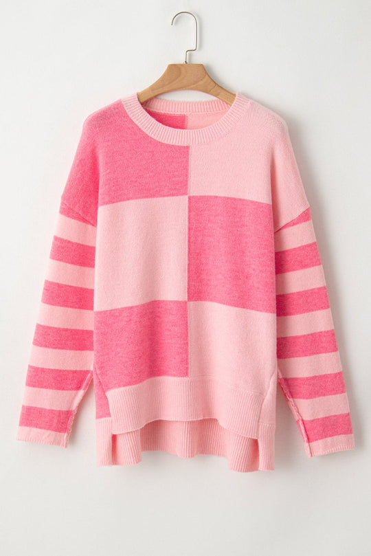 Checkered Pink Two - toned Striped Loose Sweater - Klazzi Fashion Boutique