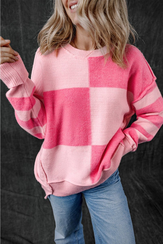 Checkered Pink Two - toned Striped Loose Sweater - Klazzi Fashion Boutique