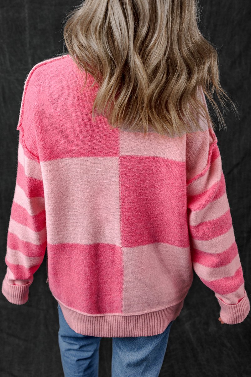 Checkered Pink Two - toned Striped Loose Sweater - Klazzi Fashion Boutique