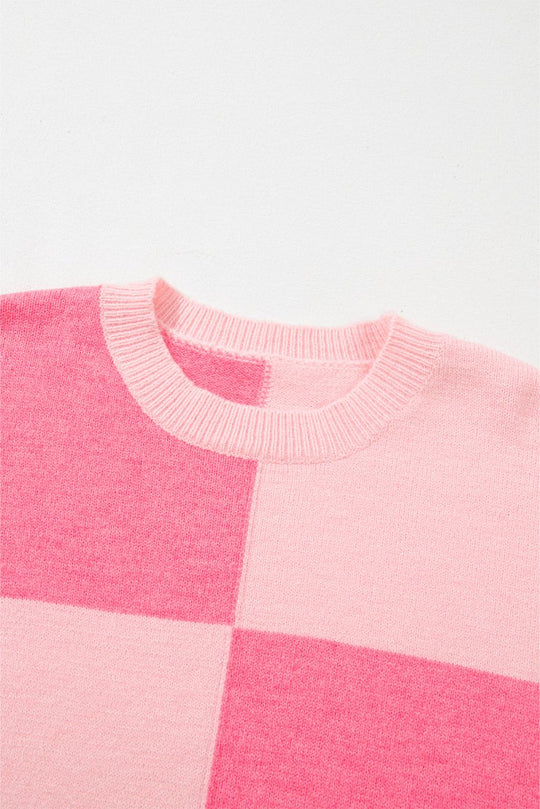 Checkered Pink Two - toned Striped Loose Sweater - Klazzi Fashion Boutique