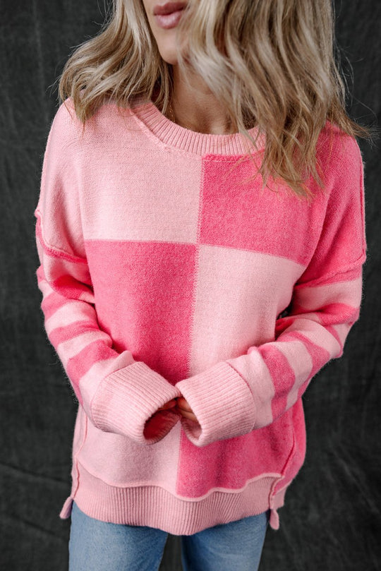 Checkered Pink Two - toned Striped Loose Sweater - Klazzi Fashion Boutique