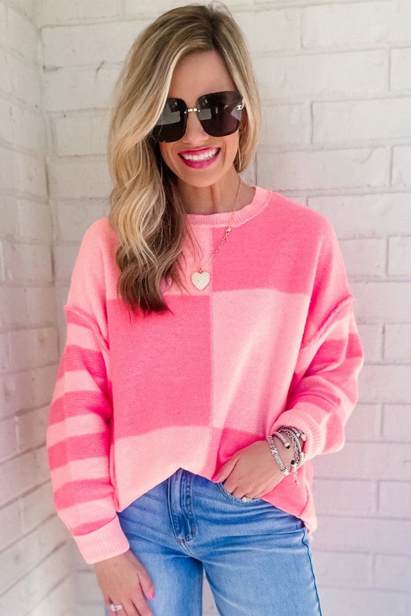 Checkered Pink Two - toned Striped Loose Sweater - Klazzi Fashion Boutique