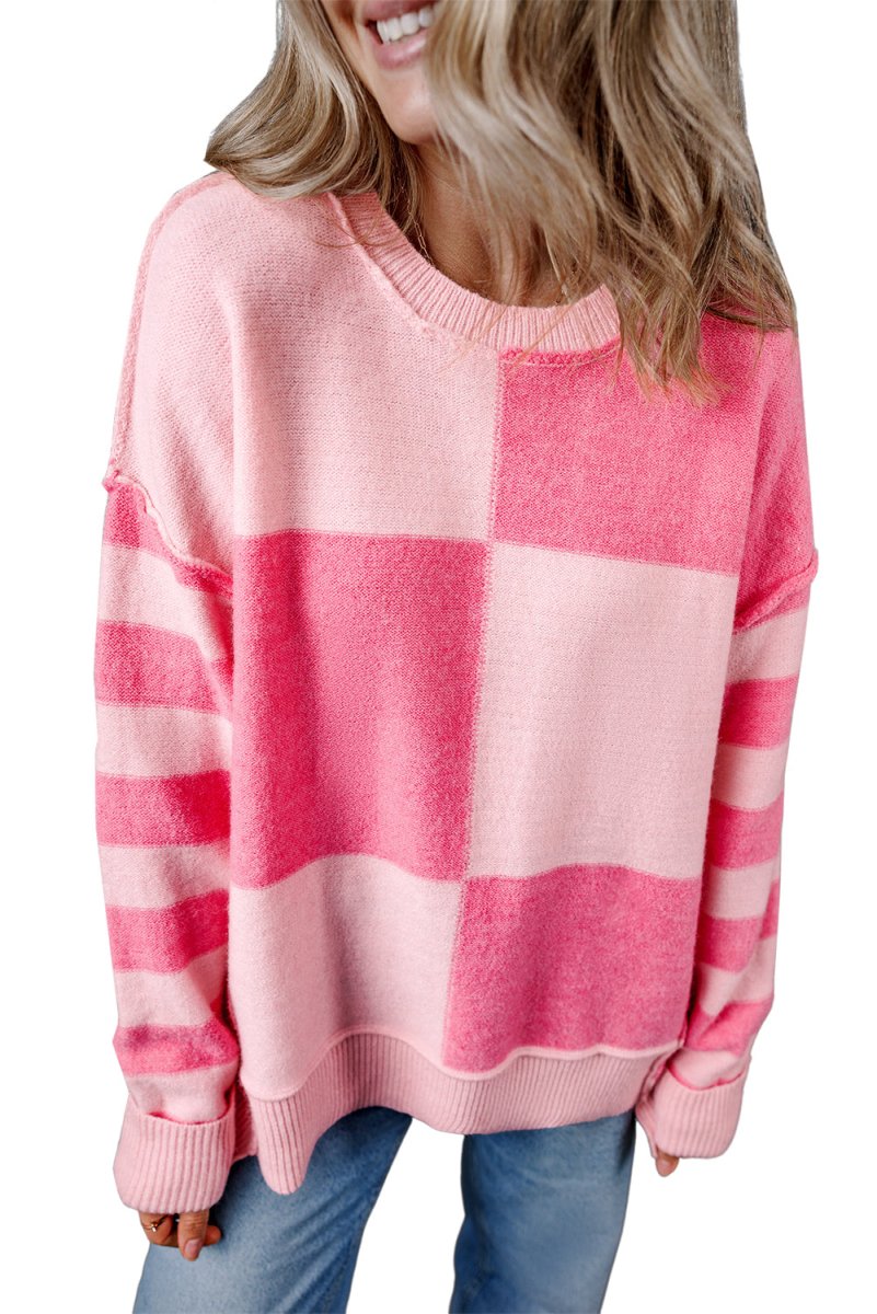 Checkered Pink Two - toned Striped Loose Sweater - Klazzi Fashion Boutique