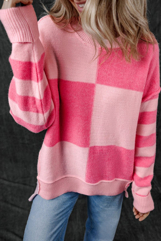 Checkered Pink Two - toned Striped Loose Sweater - Klazzi Fashion Boutique