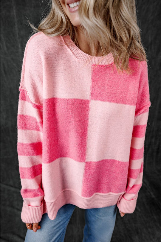 Checkered Pink Two - toned Striped Loose Sweater - Klazzi Fashion Boutique