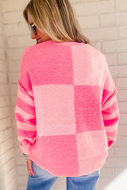 Checkered Pink Two - toned Striped Loose Sweater - Klazzi Fashion Boutique