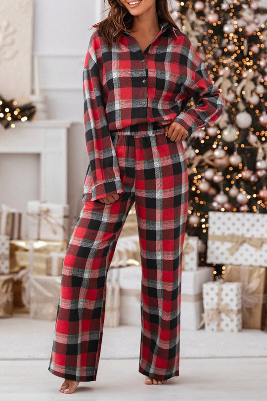 Checkered Red Plaid Pattern Pants Lounge Set - Klazzi Fashion Boutique