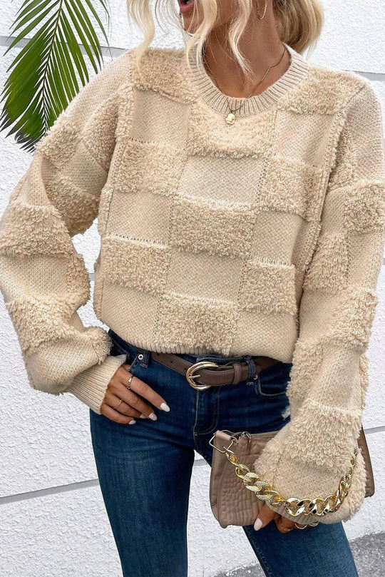 Checkered Sherpa Loose Sweater - Klazzi Fashion Boutique