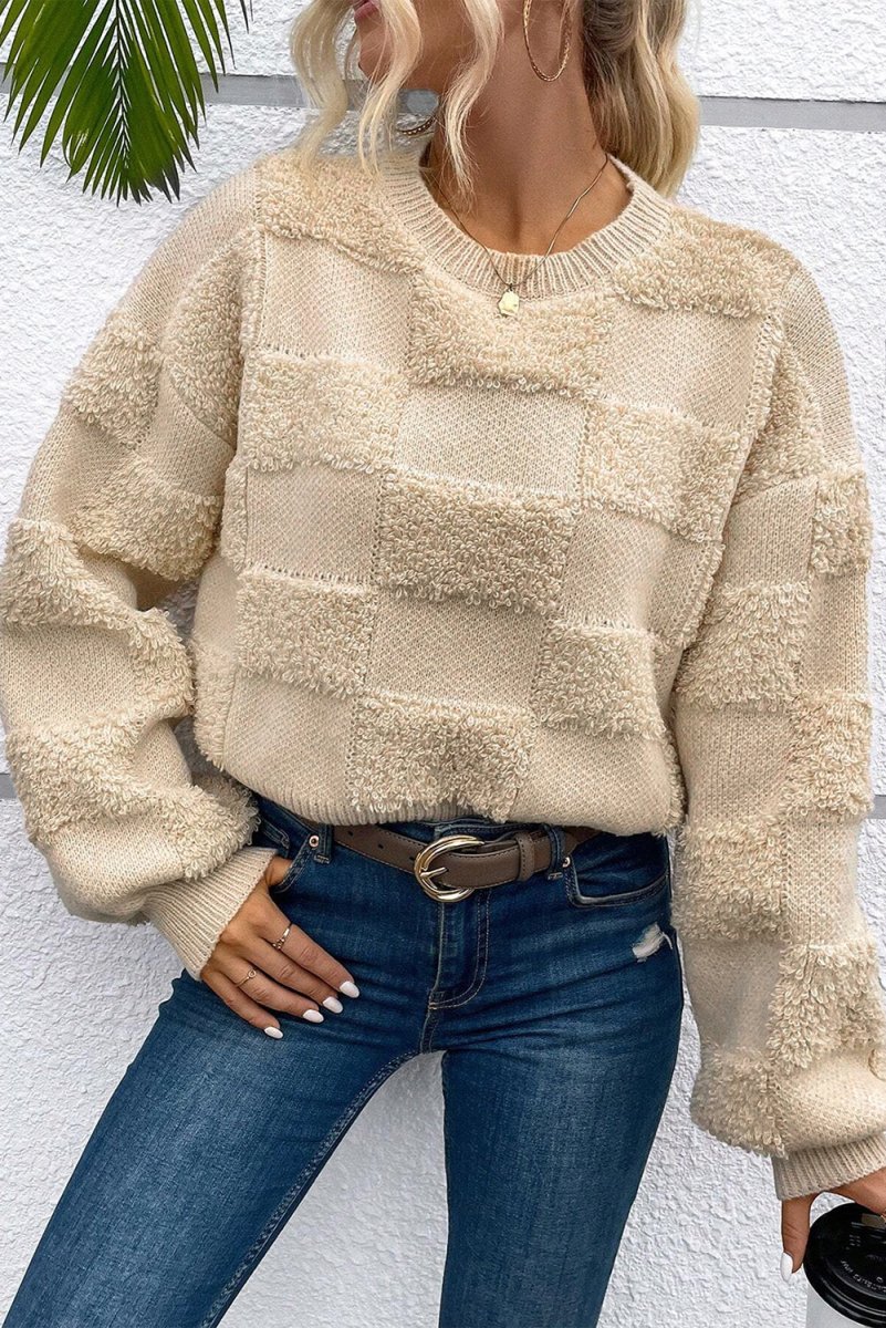 Checkered Sherpa Loose Sweater - Klazzi Fashion Boutique