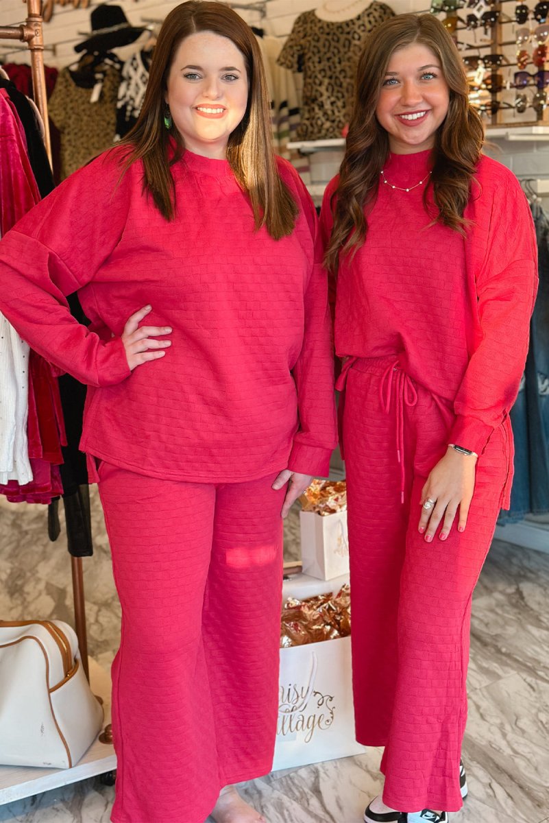 Checkered Strawberry Pink Split Pullover Pants Set - Klazzi Fashion Boutique