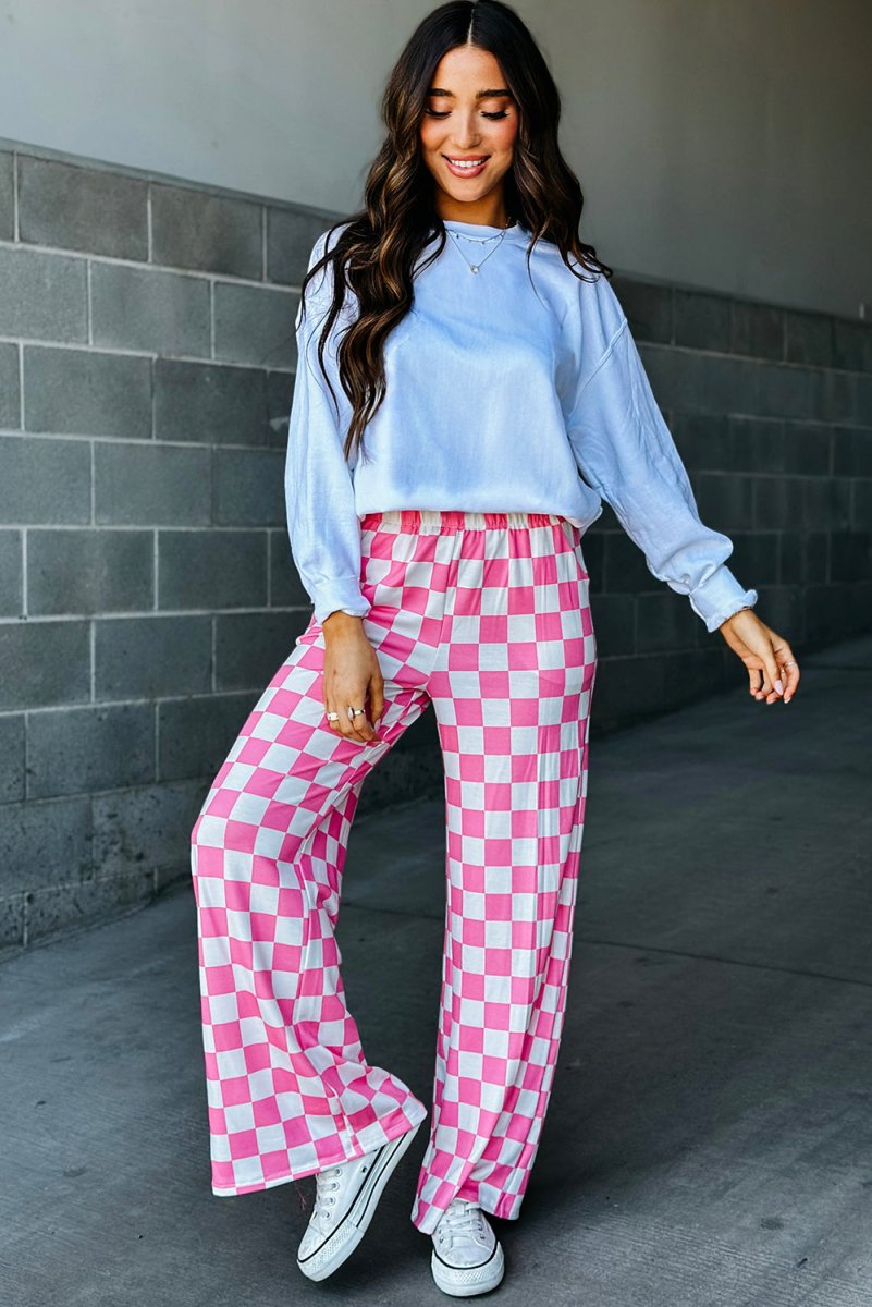 Checkered Wide Leg High Waist Pants - Klazzi Fashion Boutique