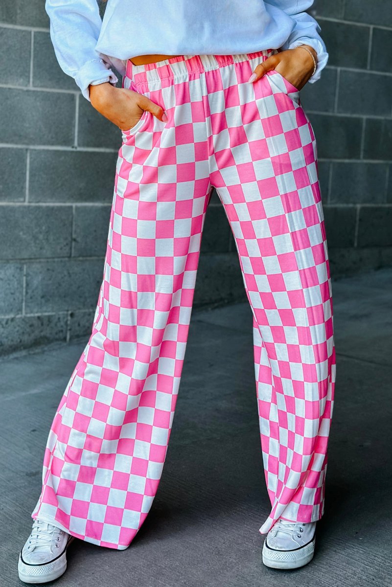 Checkered Wide Leg High Waist Pants - Klazzi Fashion Boutique